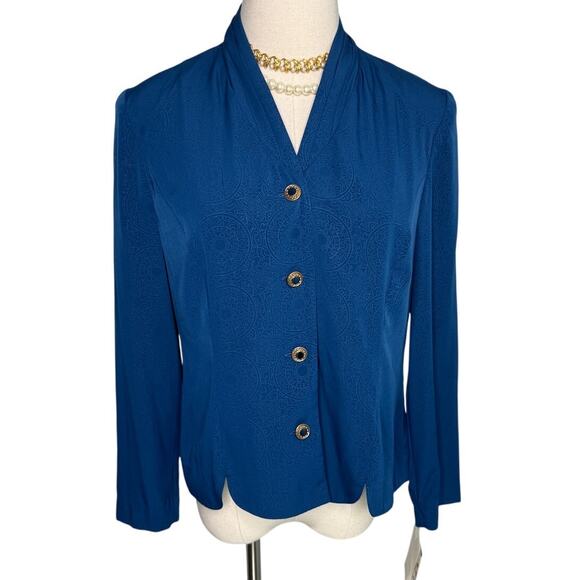 Vintage Leslie Fay medallion embossed fancy button secretary blouse blue size 8P - Picture 8 of 8
